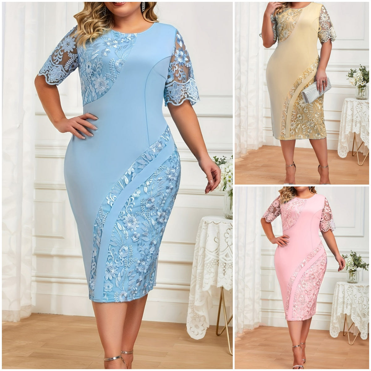 【0XL-5XL】2024 rochie slim plus size cu dantela brodata patchwork stil nou