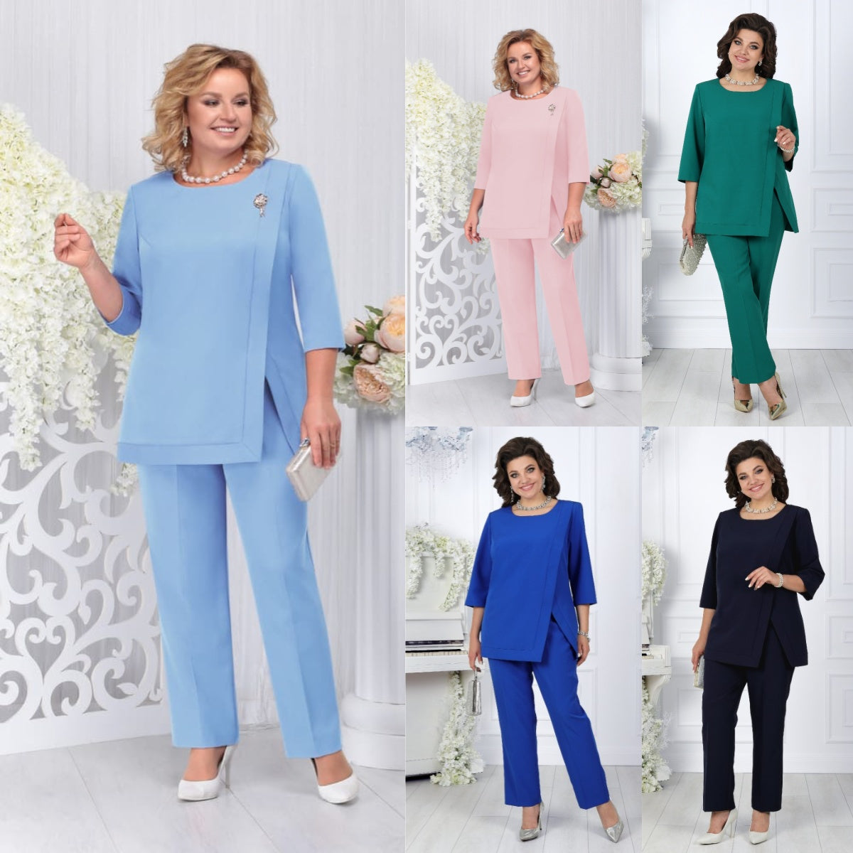 【L-5XL】2024 nou, elegant, de înaltă calitate, culoare uni, gât rotund, costum din 2 piese