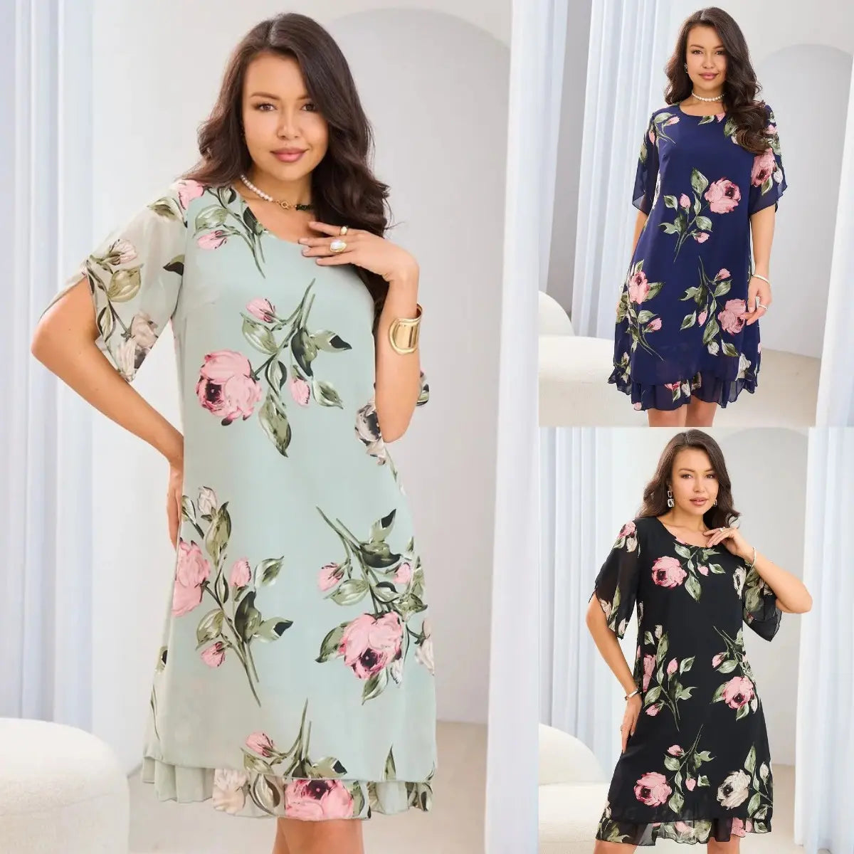 🔥🔥【Vânzare de lichidare 80%OFF】【S-5XL】2024 rochie din sifon noua cu jumatate de maneca cu maneci imbinate