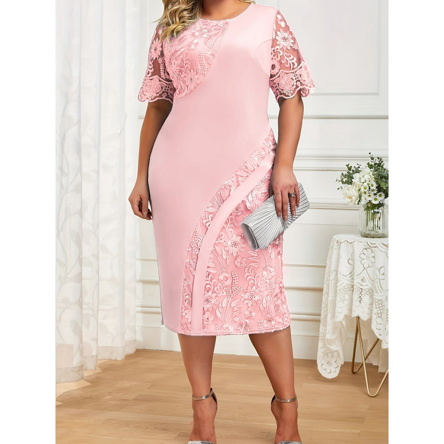 【0XL-5XL】2024 rochie slim plus size cu dantela brodata patchwork stil nou